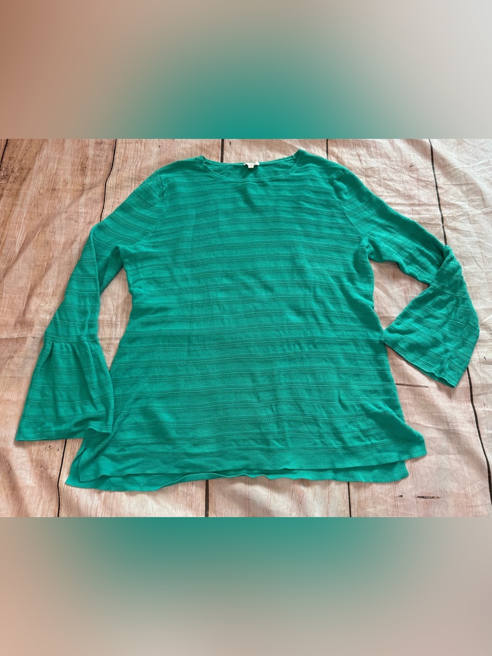 Talbots Size Large Emerald Green Tunic Sweater Bell Sleeves Cotton Lightweight